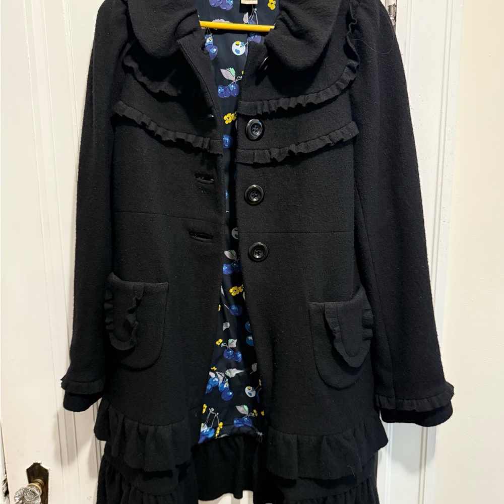 Anthropologie Black Pea Coat with Ruffle Accents
